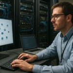 Hálózati mérnök dolgozik a számítógépen egy hálózati diagrammal.