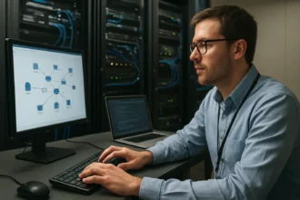 Hálózati mérnök dolgozik a számítógépen egy hálózati diagrammal.