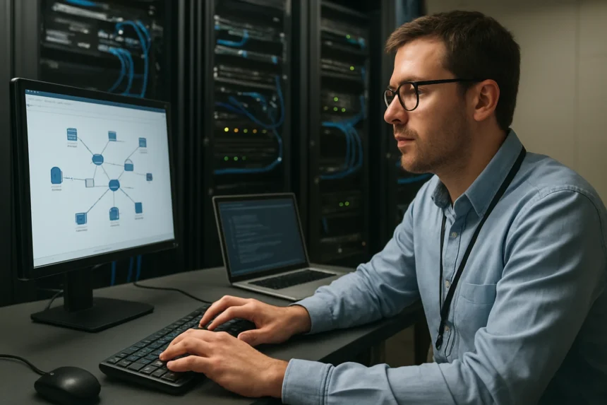 Hálózati mérnök dolgozik a számítógépen egy hálózati diagrammal.