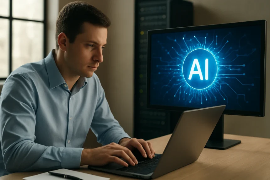 Férfi dolgozik egy laptopon mesterséges intelligenciával kapcsolatos adatokkal