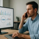 Férfi telefonál és CDMA technológiát bemutató grafikon a monitoron