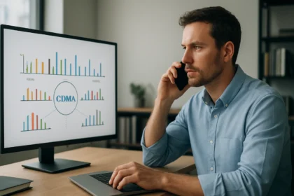 Férfi telefonál és CDMA technológiát bemutató grafikon a monitoron