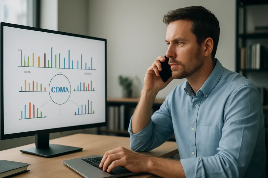 Férfi telefonál és CDMA technológiát bemutató grafikon a monitoron