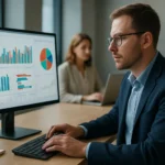 Férfi adatvezérlő in-memory analitikával foglalkozik irodai környezetben.