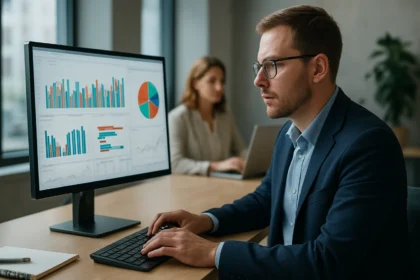 Férfi adatvezérlő in-memory analitikával foglalkozik irodai környezetben.