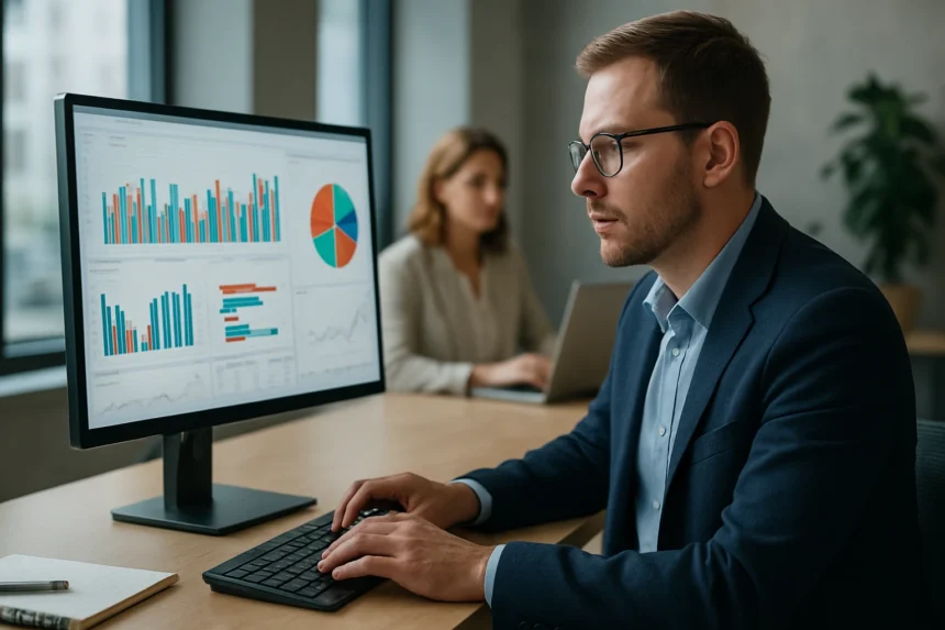 Férfi adatvezérlő in-memory analitikával foglalkozik irodai környezetben.