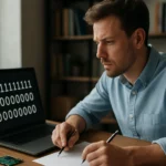 Férfi a bájtsorrendről tanulmányozik számítógép előtt