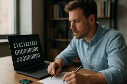 Férfi a bájtsorrendről tanulmányozik számítógép előtt