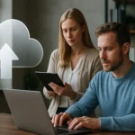 Két ember felhőtárhelyet használ számítógépen és táblagépen.