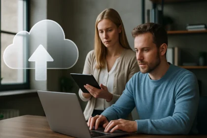 Két ember felhőtárhelyet használ számítógépen és táblagépen.