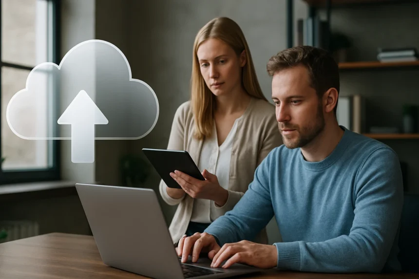 Két ember felhőtárhelyet használ számítógépen és táblagépen.