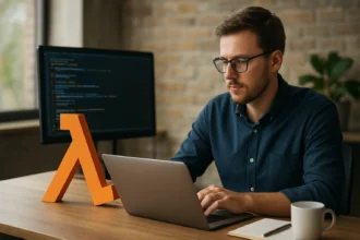 Programozó AWS Lambda logóval, kódfejlesztés közben.