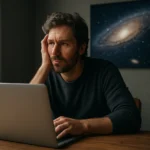 Férfi, aki a Fermi-paradoxon témáján töpreng számítógépe előtt.