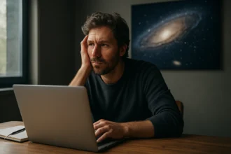 Férfi, aki a Fermi-paradoxon témáján töpreng számítógépe előtt.