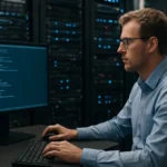 Férfi számítógépes szakember szerverek között, adatokat tükröz.