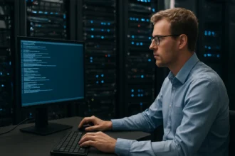 Férfi számítógépes szakember szerverek között, adatokat tükröz.