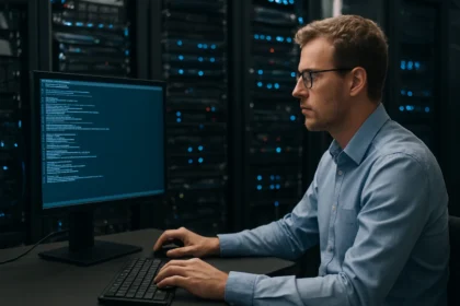 Férfi számítógépes szakember szerverek között, adatokat tükröz.