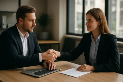 Két üzletember kézfogása B2B tárgyalás során, vállalatközi kereskedelem.