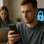 Férfi telefonján nézi az eszközazonosítót, nő dolgozik háttérben