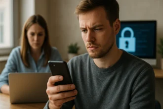 Férfi telefonján nézi az eszközazonosítót, nő dolgozik háttérben