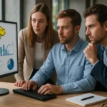 Csoport beszélget a Hadoop Big Data keretrendszerről grafikonokkal