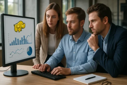 Csoport beszélget a Hadoop Big Data keretrendszerről grafikonokkal