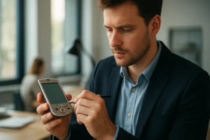 Férfi digitális asszisztens használatakor PDA-val.