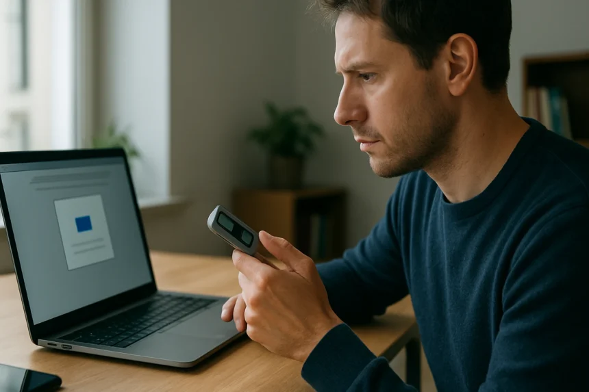 Férfi digitális eszközt használ a számítógép előtt, biztonságos autentikációhoz.