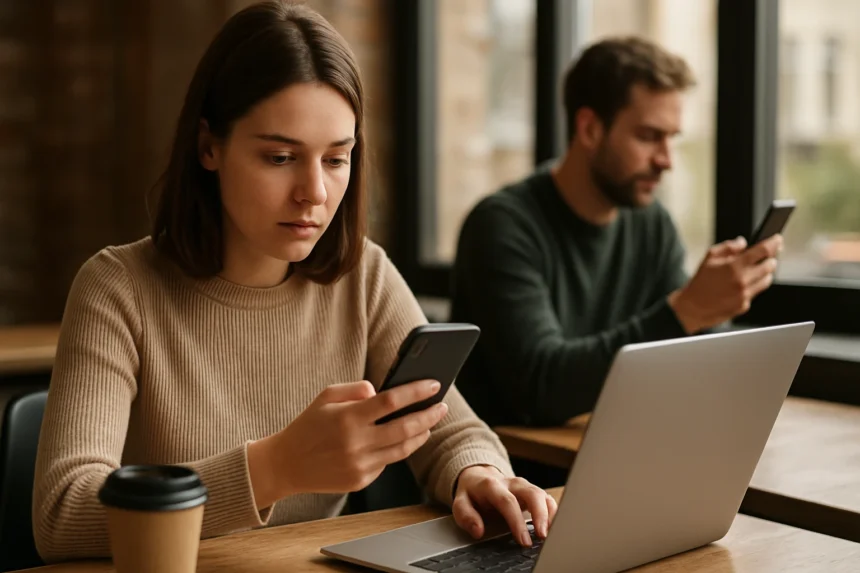 Két fiatal az online mikroblogging trendet követve okostelefonon és laptopon dolgozik.