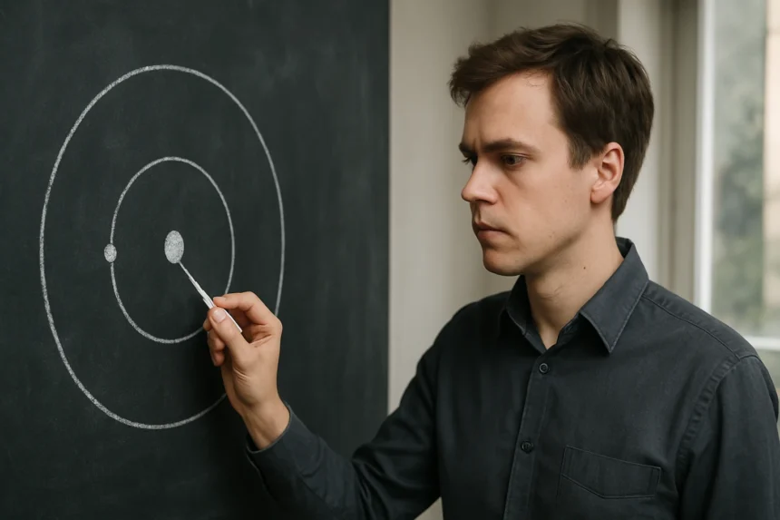 Férfi a táblán Bohr-sugár ábrázolásával, atomfizikai kontextusban.