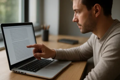 Férfi a laptopon görgetősávot használva, digitális tartalom böngészése közben.