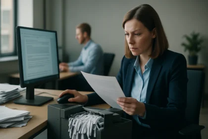 Nő dokumentumokat elemez a munkahelyén, adatelemzési folyamat során.
