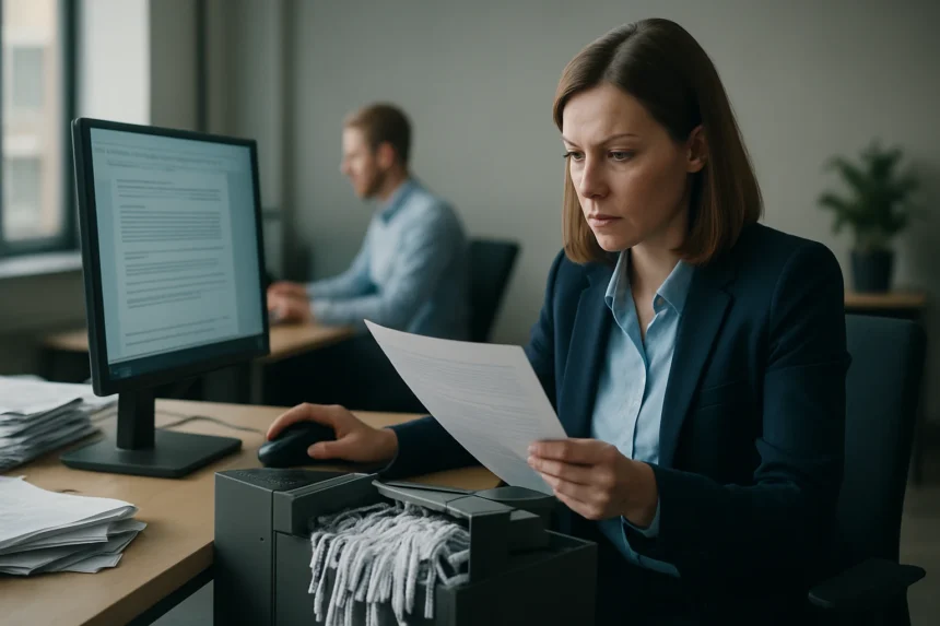 Nő dokumentumokat elemez a munkahelyén, adatelemzési folyamat során.