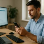 Férfi mobiltelefon használat közben, laptop és monitor előtt ülve.