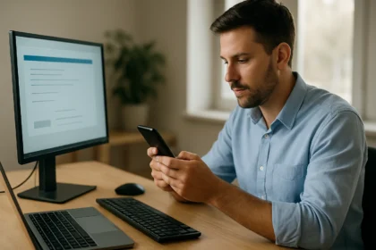 Férfi mobiltelefon használat közben, laptop és monitor előtt ülve.