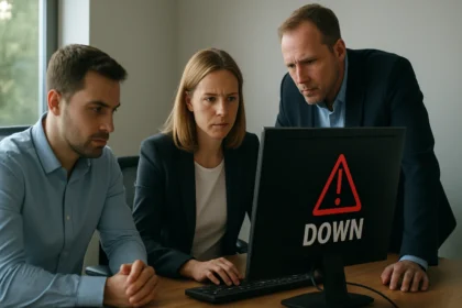 Három szakember elemzi az üzemszünetet, számítógép képernyője leállást jelez.