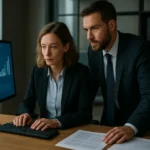 Két üzleti szakember az informatikai rendszerek és pénzügyi adatok elemzésén dolgozik.