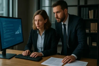 Két üzleti szakember az informatikai rendszerek és pénzügyi adatok elemzésén dolgozik.