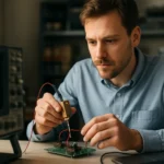 Szakember jelátalakítót tesztel egy elektronikai laboratóriumban.