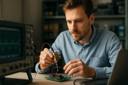Szakember jelátalakítót tesztel egy elektronikai laboratóriumban.