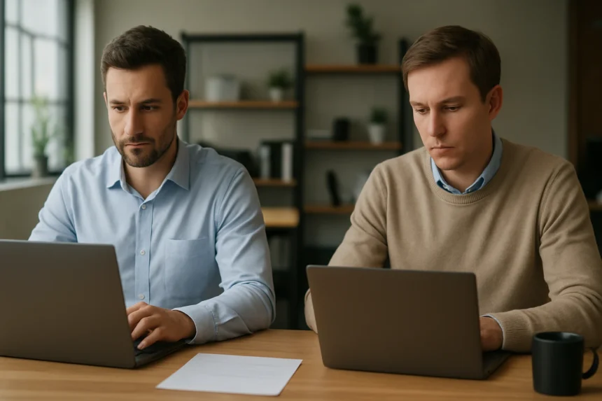 Két férfi az IT világában, laptopon dolgozva, döntéshozatali stílusokat képviselve.