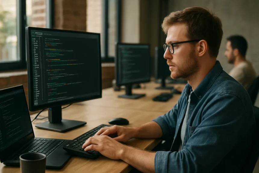 Fejlesztő kódolás közben modern munkahelyi környezetben