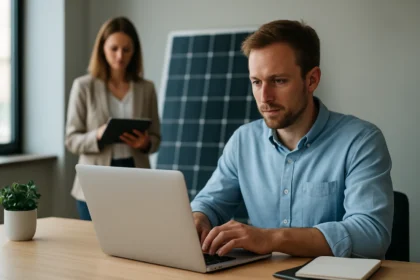 Férfi laptop előtt, háttérben napenergia panel, nő tabletet használ.
