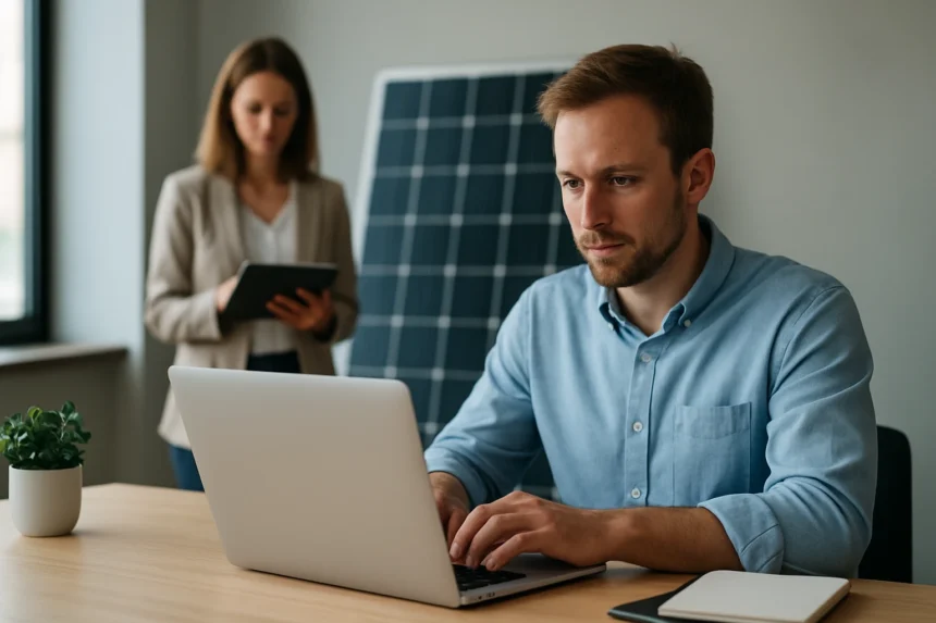 Férfi laptop előtt, háttérben napenergia panel, nő tabletet használ.
