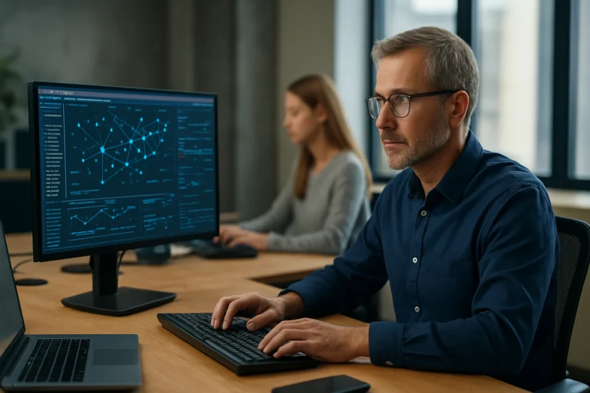 Hálózatüzemeltető szakemberek munka közben automatizált rendszerrel.