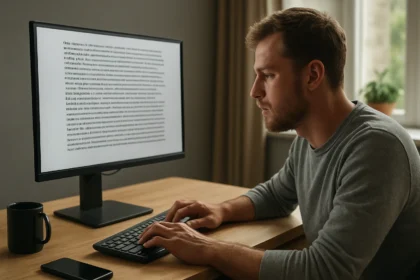Férfi számítógépnél, copypasta szöveget olvasva.
