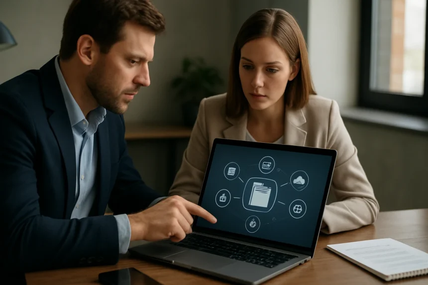 Két szakember egy laptop képernyőjén a System of Record koncepcióját elemzi.