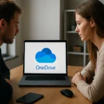 Két ember a Microsoft OneDrive felhőtárhely szolgáltatását használja laptopon.