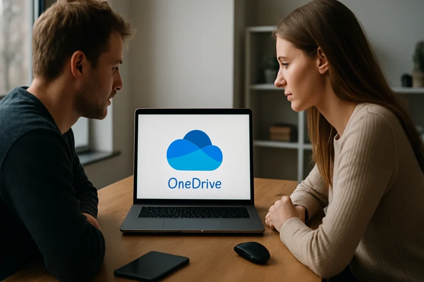 Két ember a Microsoft OneDrive felhőtárhely szolgáltatását használja laptopon.