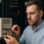 Szakember optikai kábel csatlakoztatása passzív optikai hálózat eszközéhez.